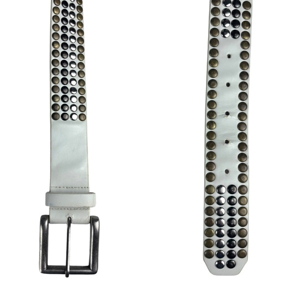 OFF WHITE FAUX LEATHER STUDDED MULTI METAL BRASS SILVER BELT BOHO PUNK RETRO - Picture 6 of 11